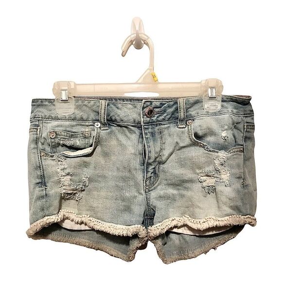𝅺American Eagle Denim Hi Rise Shortie Distressed Jean Shorts Size 8 Stretch - Picture 1 of 5